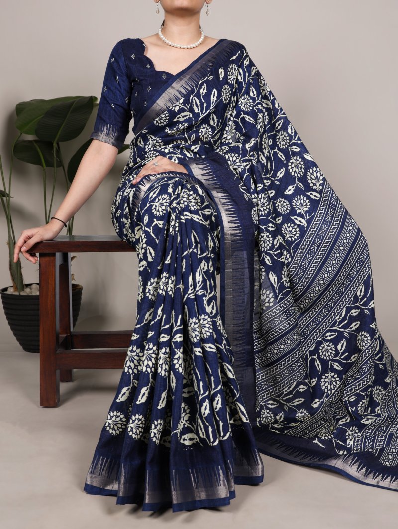 Ynf7214 Slub Silk Floral Printed With Zari Border Saree